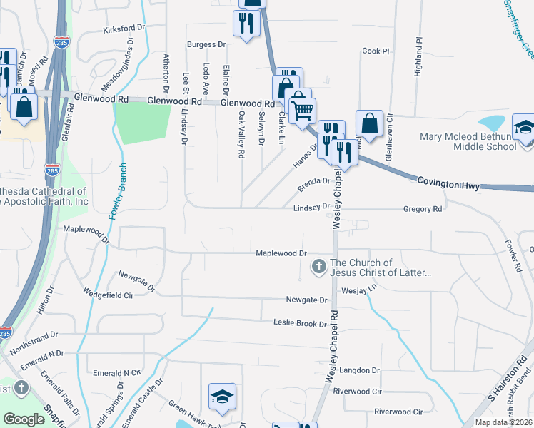 map of restaurants, bars, coffee shops, grocery stores, and more near 4200 Lindsey Drive in Decatur