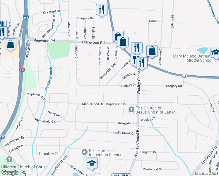 map of restaurants, bars, coffee shops, grocery stores, and more near 4200 Lindsey Drive in Decatur