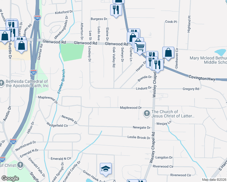 map of restaurants, bars, coffee shops, grocery stores, and more near 4134 Hanes Drive in Decatur