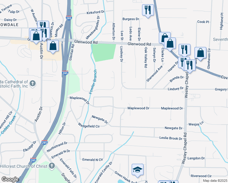 map of restaurants, bars, coffee shops, grocery stores, and more near 2111 Glenwood Downs Drive in Decatur