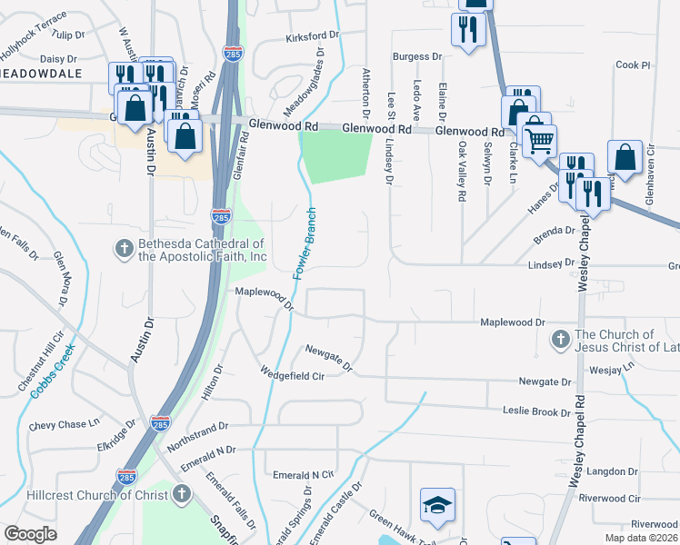 map of restaurants, bars, coffee shops, grocery stores, and more near 2092 Glenwood Downs Drive in Decatur
