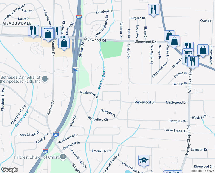 map of restaurants, bars, coffee shops, grocery stores, and more near 2065 Glenwood Downs Drive in Decatur