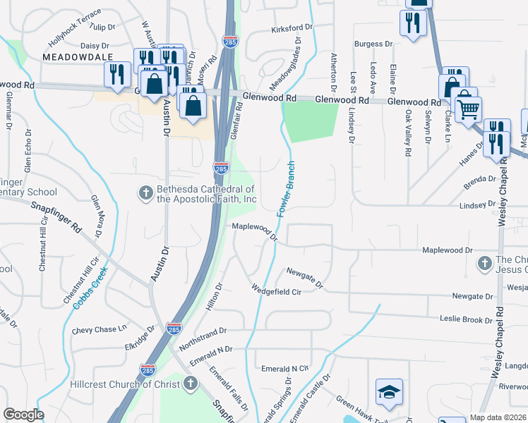 map of restaurants, bars, coffee shops, grocery stores, and more near 1990 Glenwood Downs Drive in Decatur