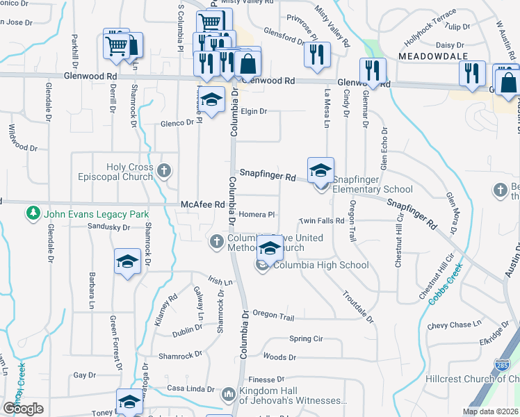 map of restaurants, bars, coffee shops, grocery stores, and more near 3408 Homera Place in Decatur