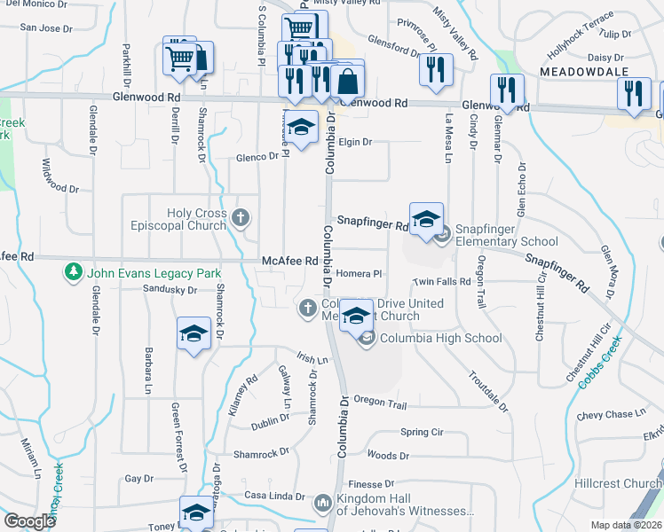 map of restaurants, bars, coffee shops, grocery stores, and more near in Candler-McAfee