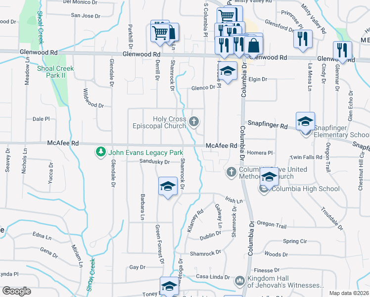 map of restaurants, bars, coffee shops, grocery stores, and more near 2005 South Columbia Place in Decatur