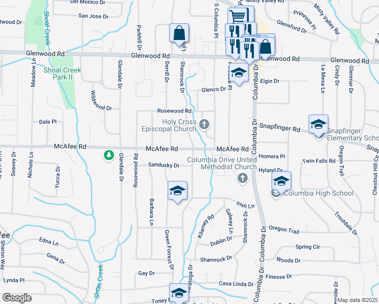map of restaurants, bars, coffee shops, grocery stores, and more near 3235 McAfee Road in Decatur