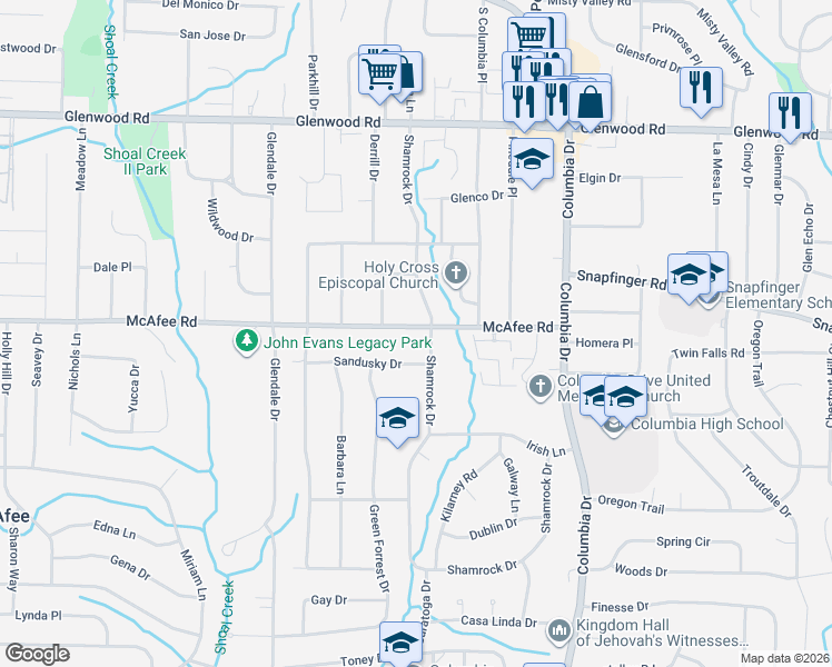 map of restaurants, bars, coffee shops, grocery stores, and more near 3222 McAfee Road in Decatur