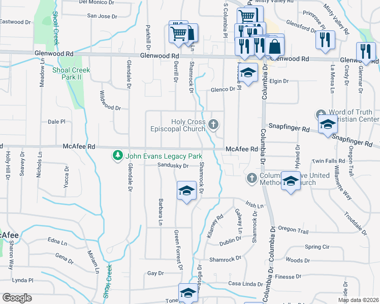 map of restaurants, bars, coffee shops, grocery stores, and more near 3222 McAfee Road in Decatur