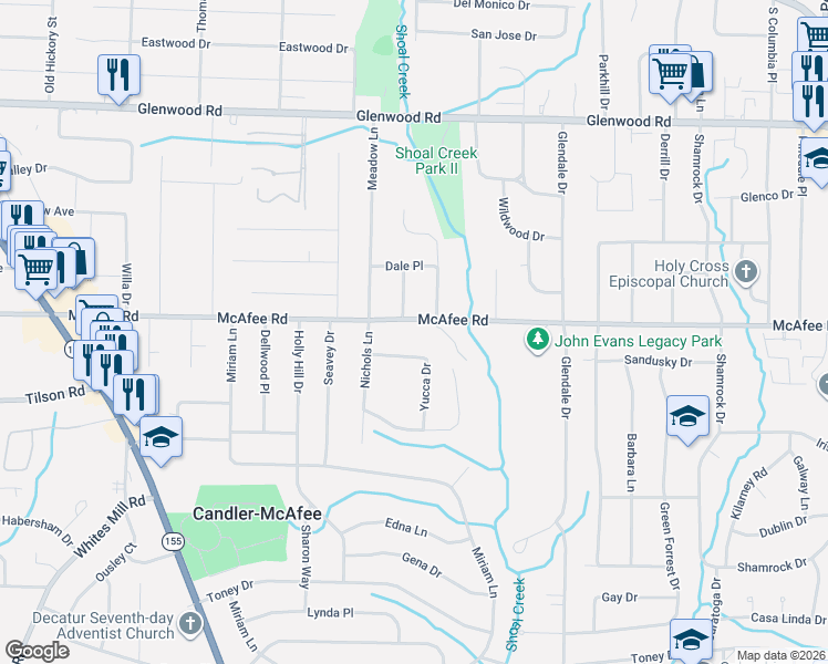 map of restaurants, bars, coffee shops, grocery stores, and more near 2962 McAfee Road in Decatur