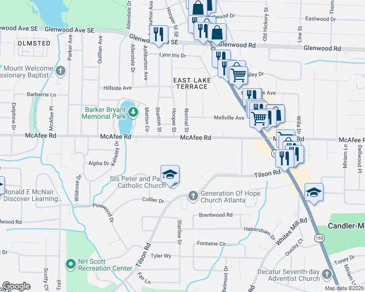 map of restaurants, bars, coffee shops, grocery stores, and more near in Candler-McAfee