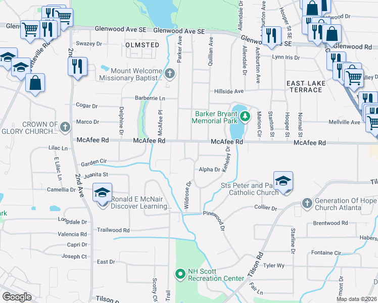 map of restaurants, bars, coffee shops, grocery stores, and more near 2021 Connie Lane in Decatur