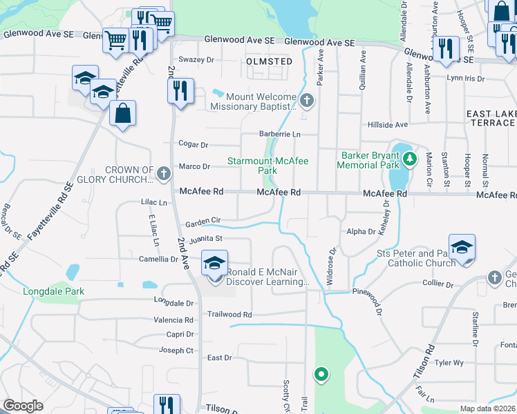 map of restaurants, bars, coffee shops, grocery stores, and more near 2091 McAfee Road in Decatur