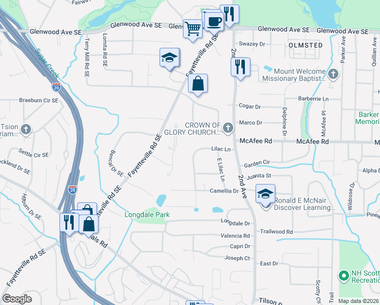 map of restaurants, bars, coffee shops, grocery stores, and more near 2039 Lilac Lane in Decatur