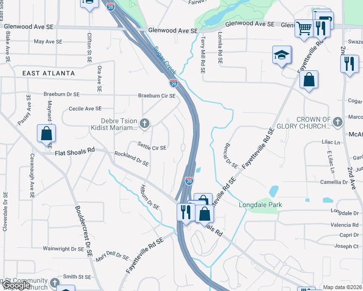 map of restaurants, bars, coffee shops, grocery stores, and more near 1627-1645 Sylvester Circle Southeast in Atlanta