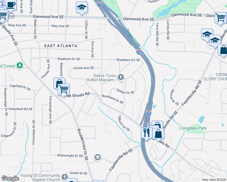 map of restaurants, bars, coffee shops, grocery stores, and more near 2145 Settle Circle Southeast in Atlanta