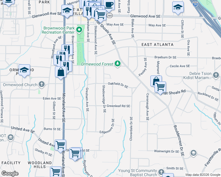 map of restaurants, bars, coffee shops, grocery stores, and more near 1184 Oakfield Drive Southeast in Atlanta