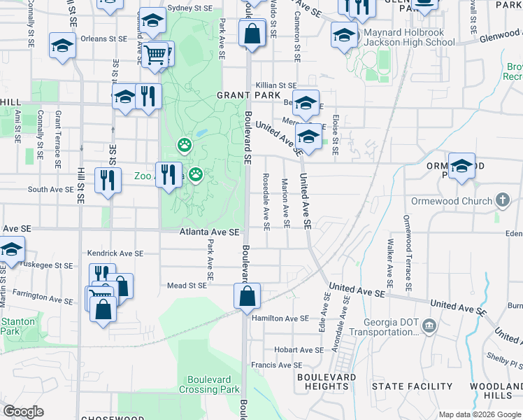 map of restaurants, bars, coffee shops, grocery stores, and more near 611 Delmar Avenue Southeast in Atlanta