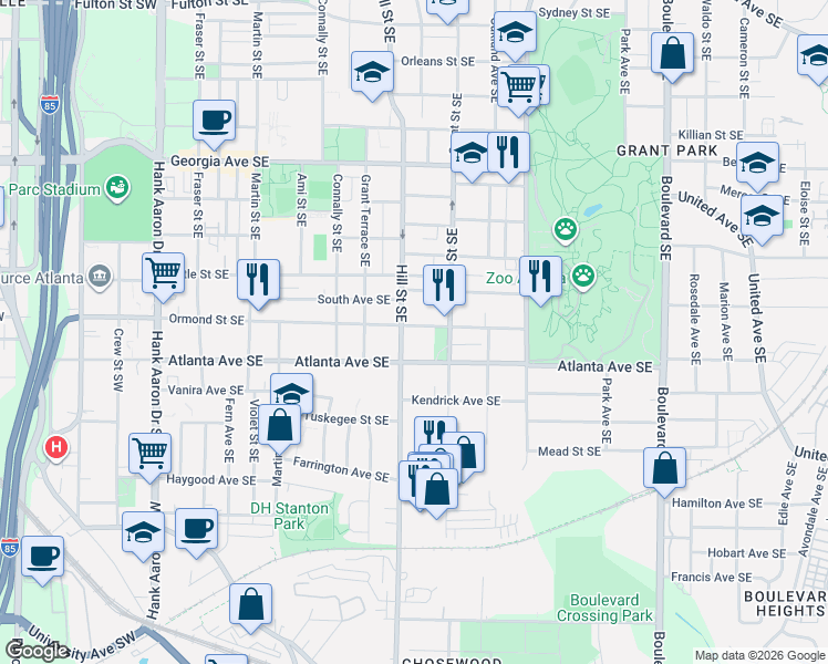 map of restaurants, bars, coffee shops, grocery stores, and more near in Atlanta