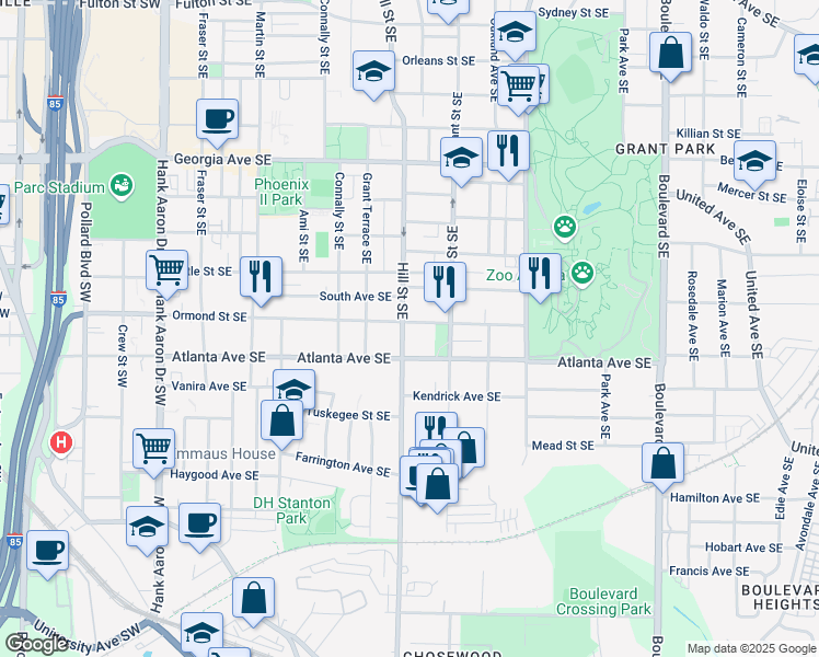 map of restaurants, bars, coffee shops, grocery stores, and more near 293 Ormond Street Southeast in Atlanta