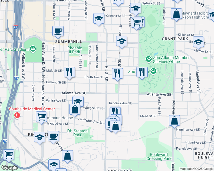 map of restaurants, bars, coffee shops, grocery stores, and more near 289 Ormond Street Southeast in Atlanta