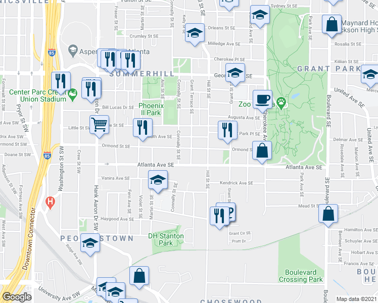 map of restaurants, bars, coffee shops, grocery stores, and more near 255 South Avenue Southeast in Atlanta