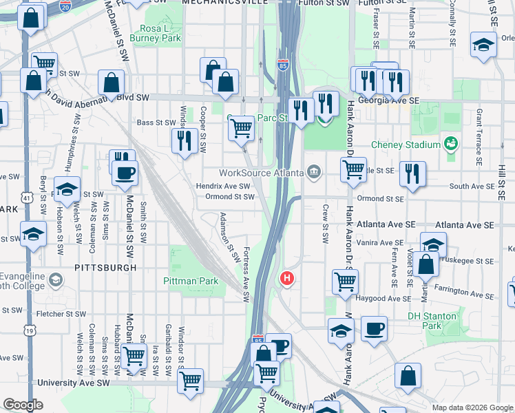 map of restaurants, bars, coffee shops, grocery stores, and more near 151 Ormond Street Southwest in Atlanta