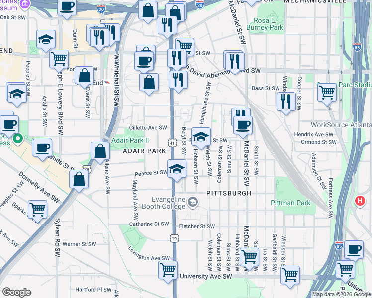 map of restaurants, bars, coffee shops, grocery stores, and more near 575 Rockwell Street Southwest in Atlanta