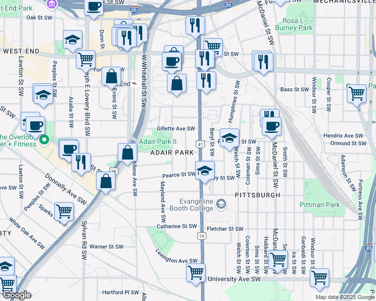map of restaurants, bars, coffee shops, grocery stores, and more near 868 Oakhill Avenue Southwest in Atlanta