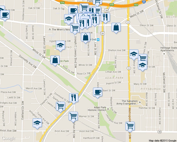 map of restaurants, bars, coffee shops, grocery stores, and more near 842 White Street Southwest in Atlanta