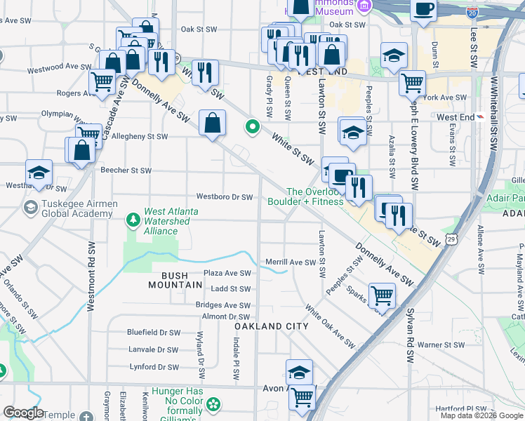 map of restaurants, bars, coffee shops, grocery stores, and more near 839 Oakland Drive Southwest in Atlanta