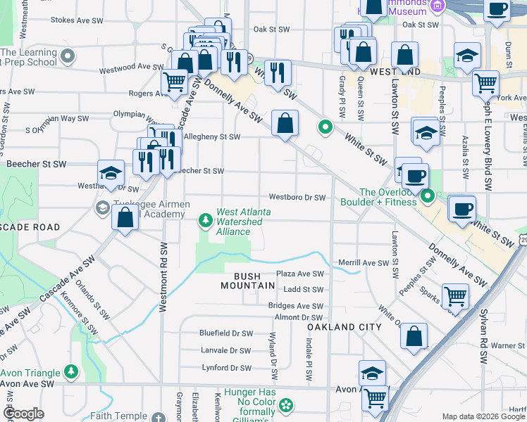 map of restaurants, bars, coffee shops, grocery stores, and more near 1354 Westboro Drive Southwest in Atlanta