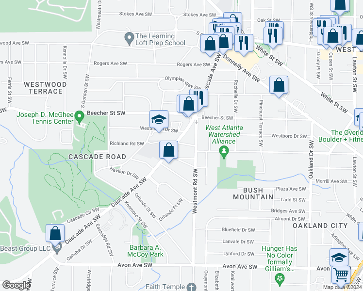 map of restaurants, bars, coffee shops, grocery stores, and more near 838 Cascade Avenue Southwest in Atlanta