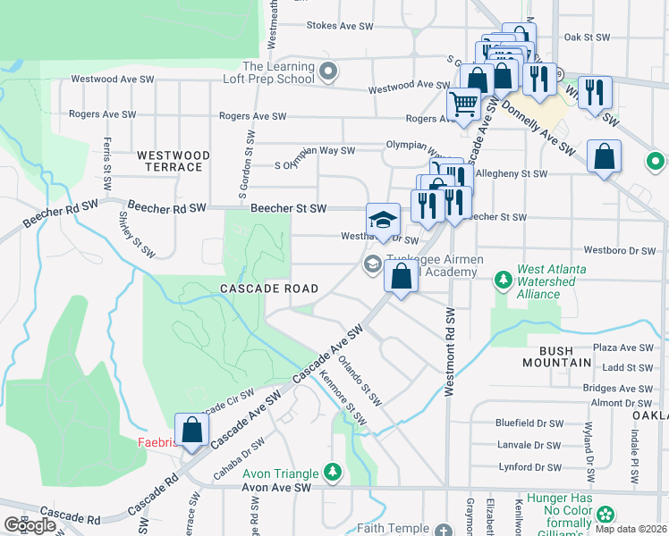 map of restaurants, bars, coffee shops, grocery stores, and more near 1673 Richland Road Southwest in Atlanta