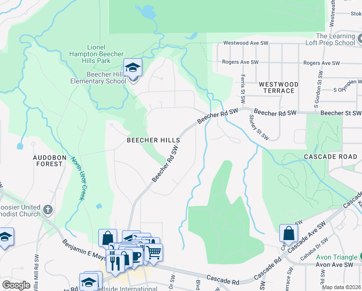 map of restaurants, bars, coffee shops, grocery stores, and more near 2158 Beecher Road Southwest in Atlanta
