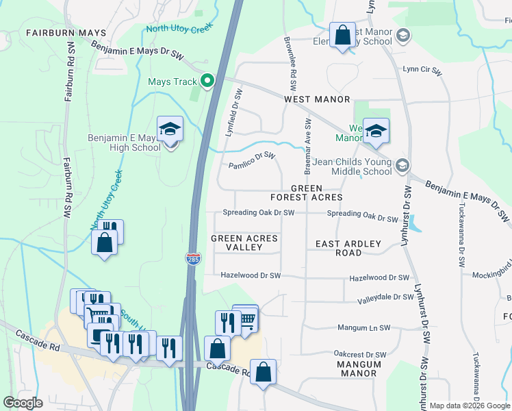 map of restaurants, bars, coffee shops, grocery stores, and more near 3348 Lynfield Drive Southwest in Atlanta