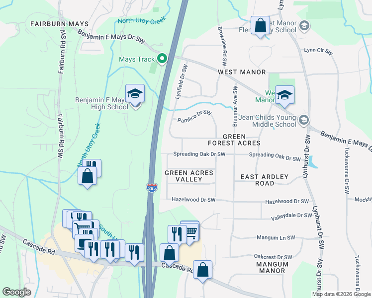 map of restaurants, bars, coffee shops, grocery stores, and more near 3406 Lynfield Drive Southwest in Atlanta