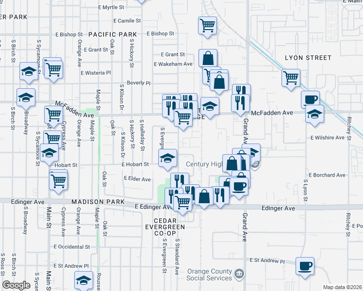 map of restaurants, bars, coffee shops, grocery stores, and more near 1303 South Standard Avenue in Santa Ana