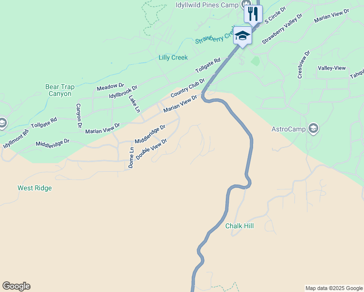 map of restaurants, bars, coffee shops, grocery stores, and more near 53599 West Ridge Road in Idyllwild-Pine Cove
