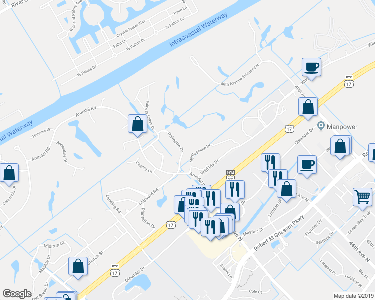 map of restaurants, bars, coffee shops, grocery stores, and more near 3851 Myrtle Pointe Drive in Myrtle Beach