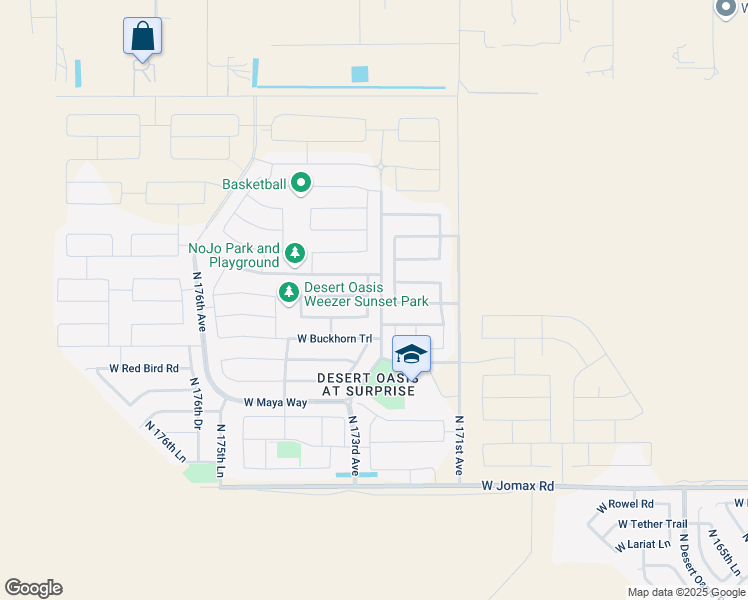 map of restaurants, bars, coffee shops, grocery stores, and more near 17291 West Straight Arrow Lane in Surprise