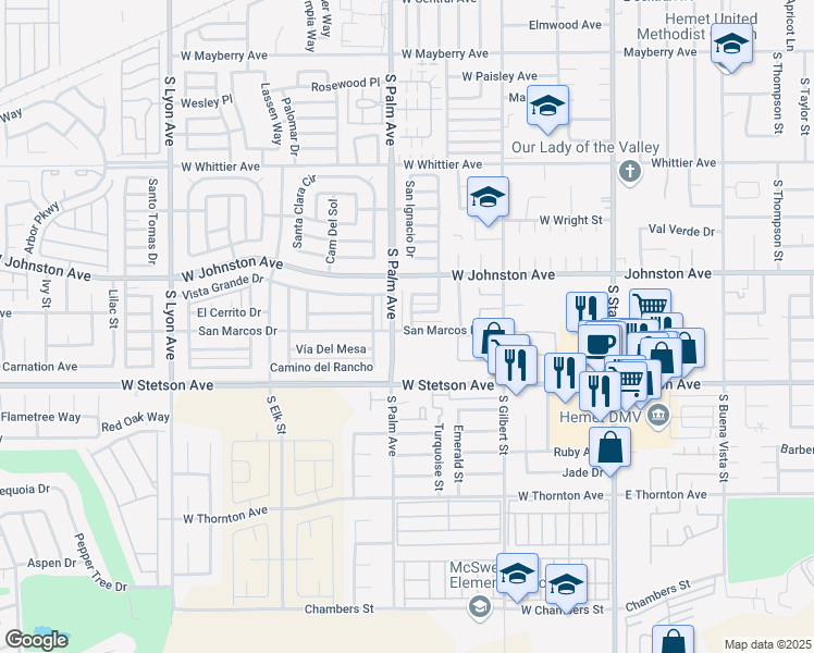 map of restaurants, bars, coffee shops, grocery stores, and more near 945 Vallejo Drive in Hemet