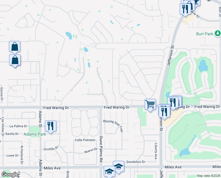 map of restaurants, bars, coffee shops, grocery stores, and more near 43600 Port Maria Road in Bermuda Dunes