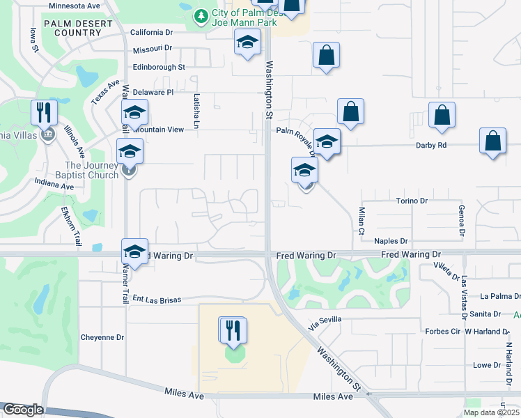 map of restaurants, bars, coffee shops, grocery stores, and more near 43768 Via Magellan Drive in Palm Desert