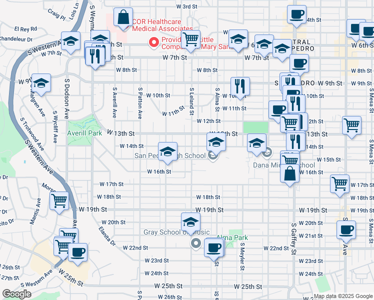 map of restaurants, bars, coffee shops, grocery stores, and more near 1111 West 14th Street in San Pedro