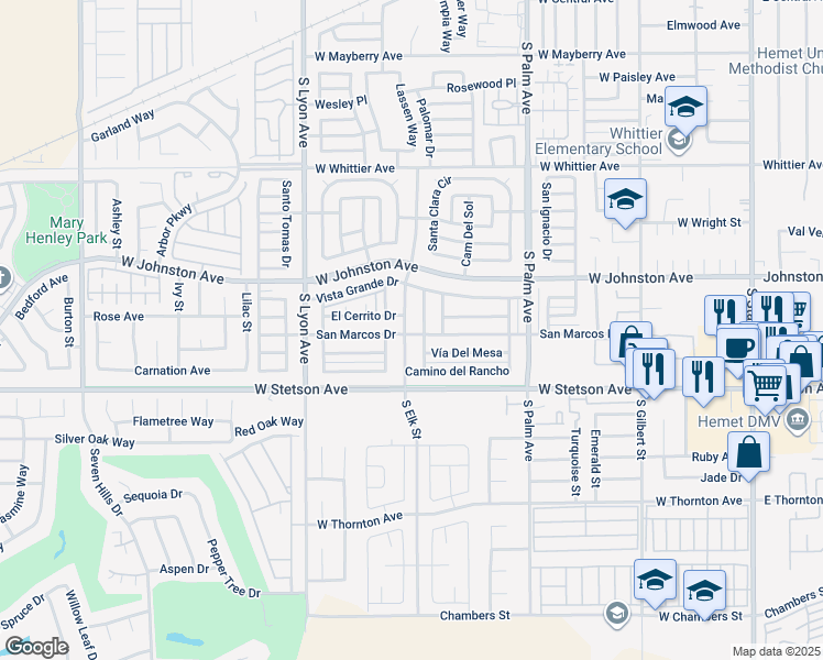 map of restaurants, bars, coffee shops, grocery stores, and more near 992 South Elk Street in Hemet