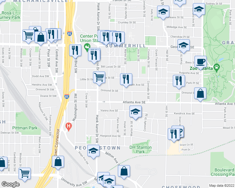 map of restaurants, bars, coffee shops, grocery stores, and more near 74 Ormond Street Southeast in Atlanta