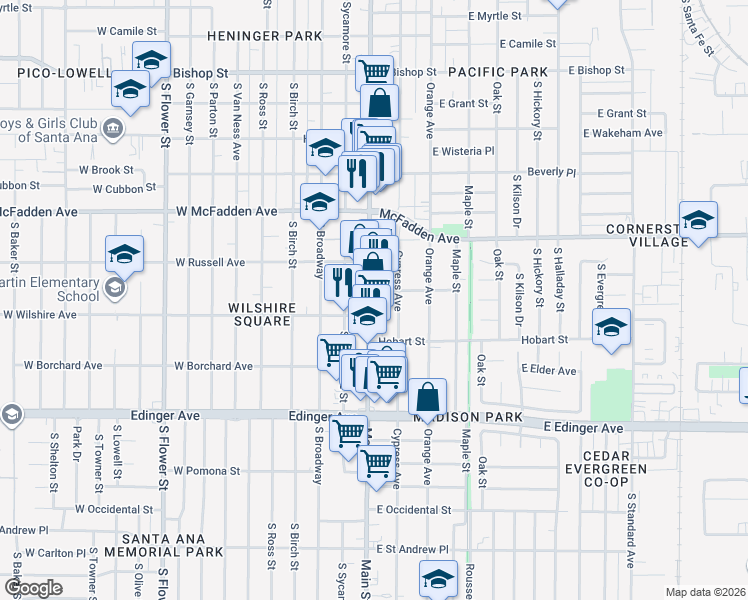 map of restaurants, bars, coffee shops, grocery stores, and more near 115 East Oxford Street in Santa Ana