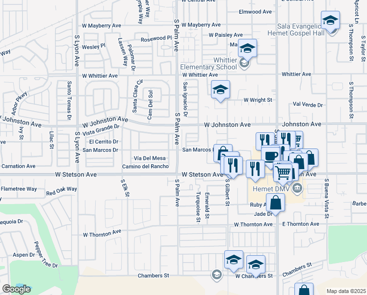 map of restaurants, bars, coffee shops, grocery stores, and more near 945 Vallejo Drive in Hemet