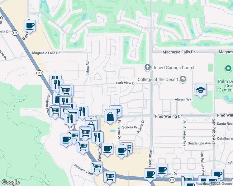 map of restaurants, bars, coffee shops, grocery stores, and more near 444 Monte Vista in Palm Desert